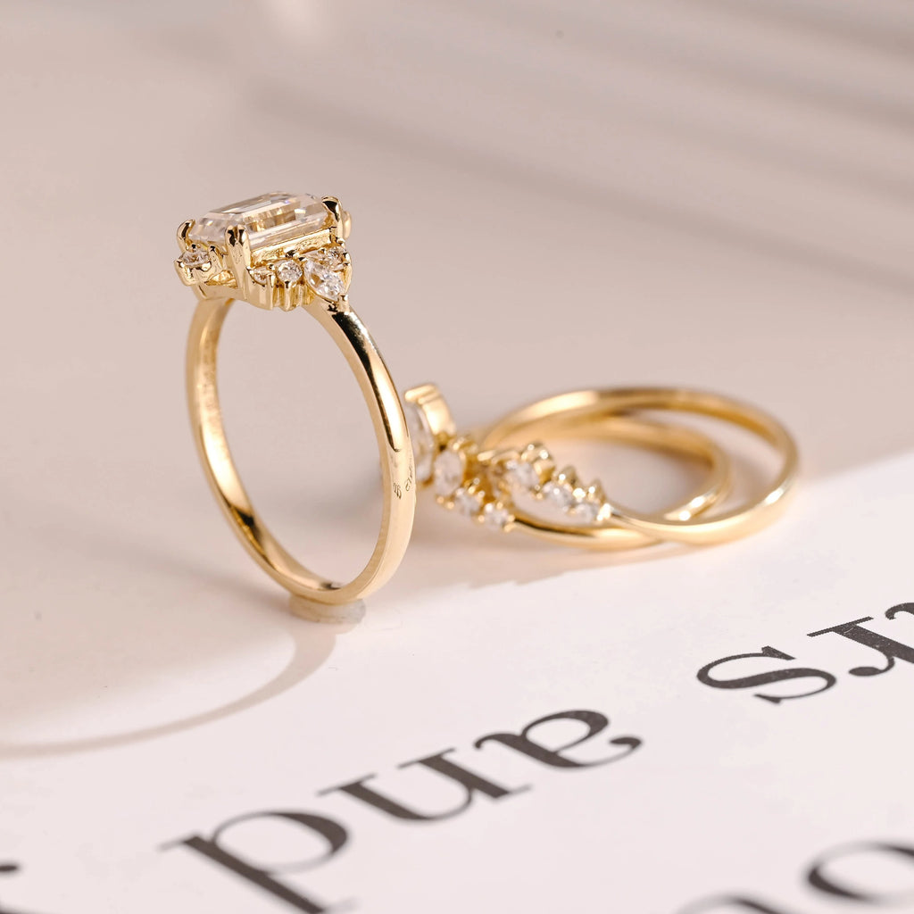 Solid Gold Emerald Cut Moissanite Engagement Ring Set, Wedding Band Set