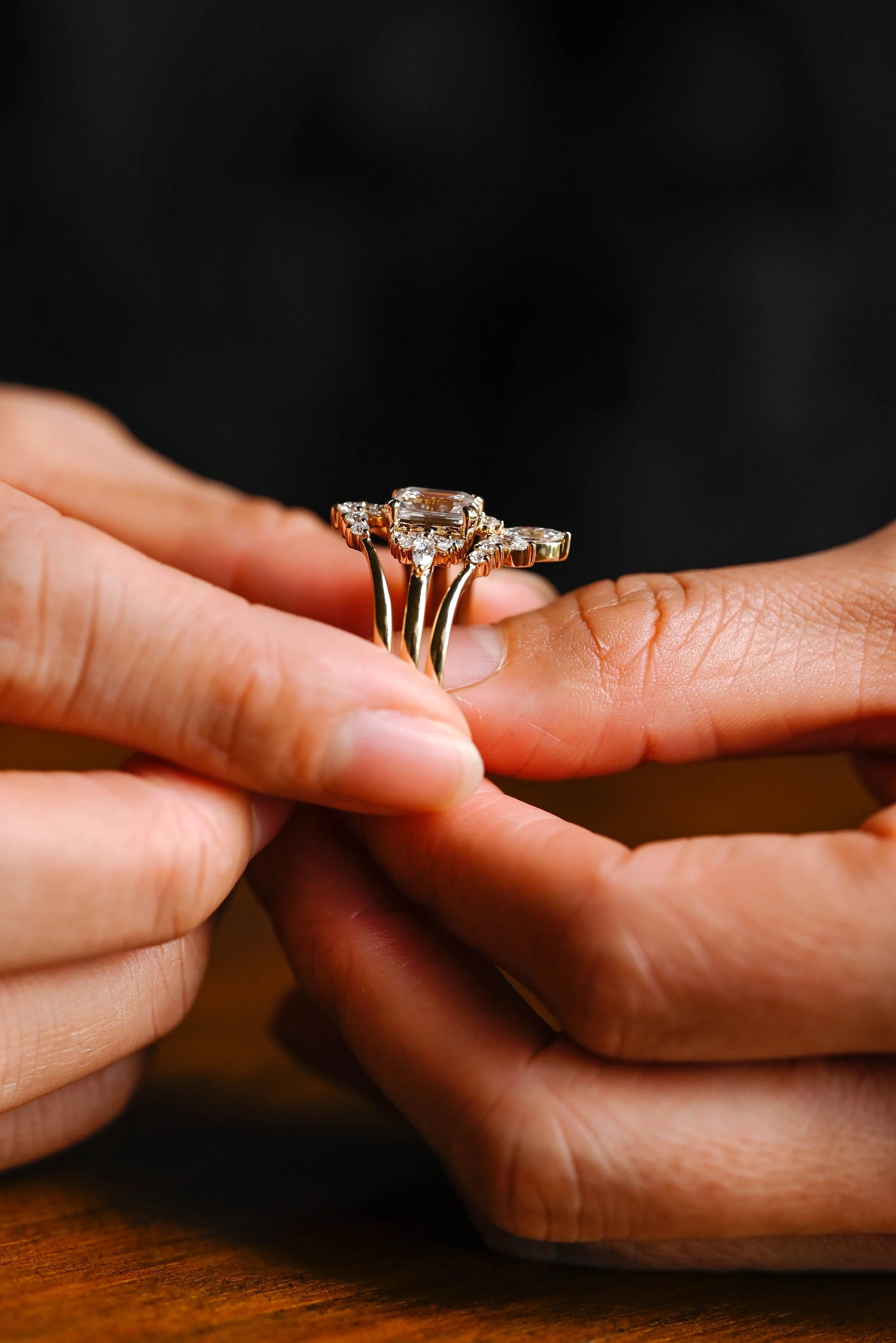 Solid Gold Emerald Cut Moissanite Engagement Ring Set, Wedding Band Set