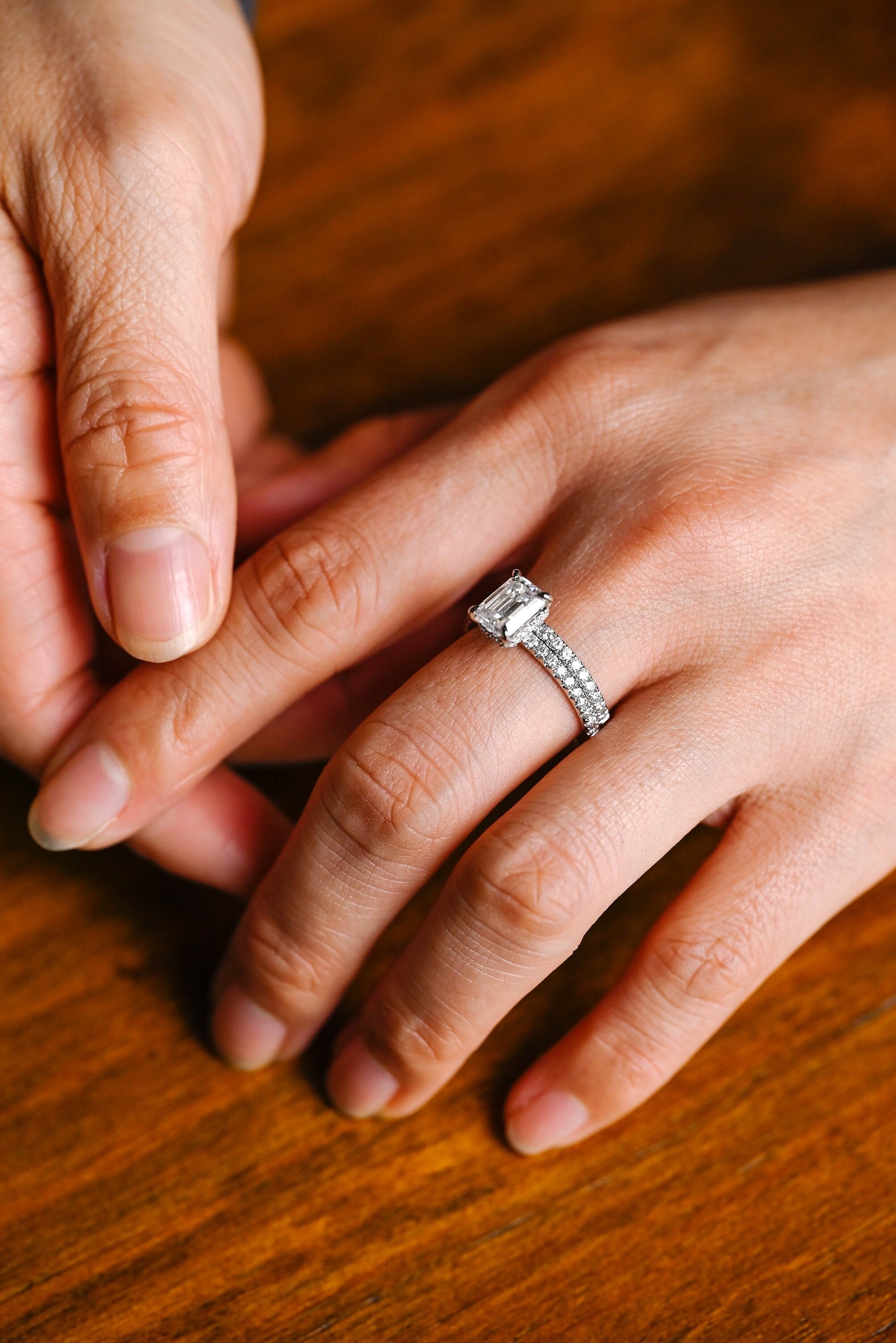 Solid Gold Emerald Cut Moissanite Wedding Band Set
