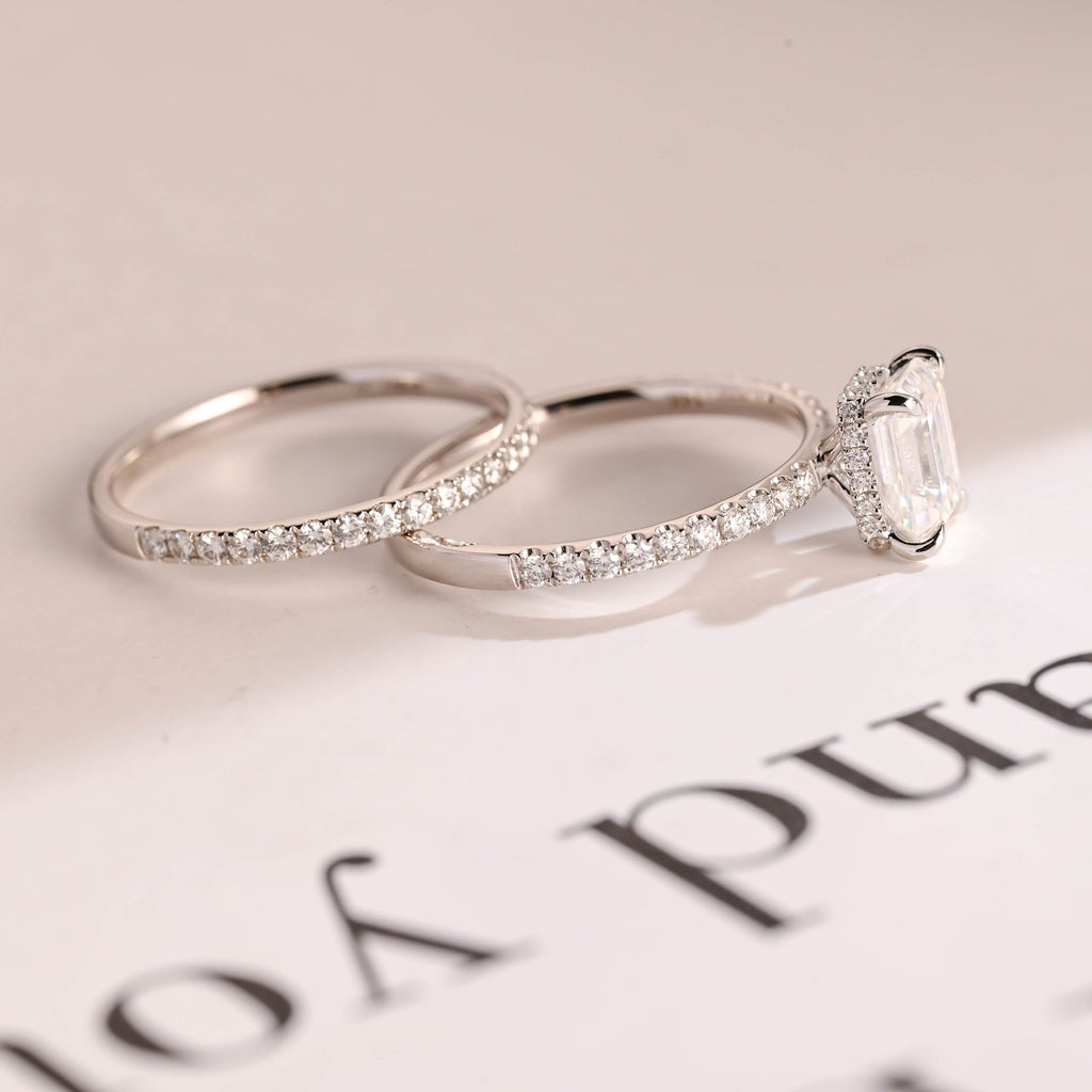 Solid Gold Emerald Cut Moissanite Wedding Band Set