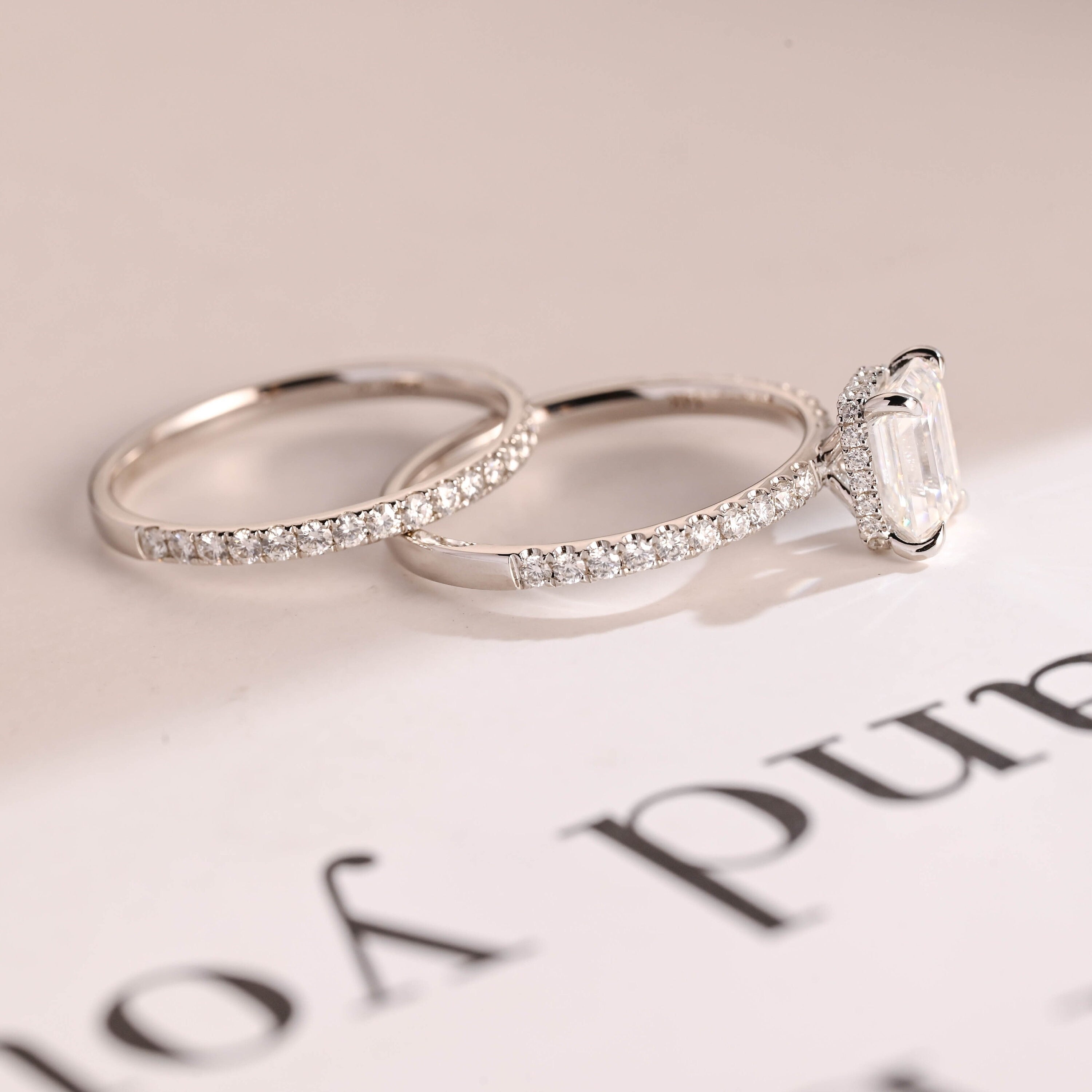 Solid Gold Emerald Cut Moissanite Wedding Band Set