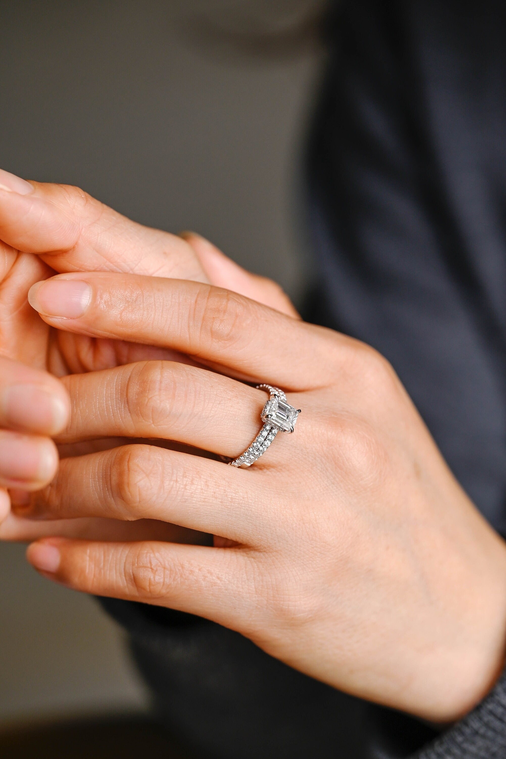 Solid Gold Emerald Cut Moissanite Wedding Band Set