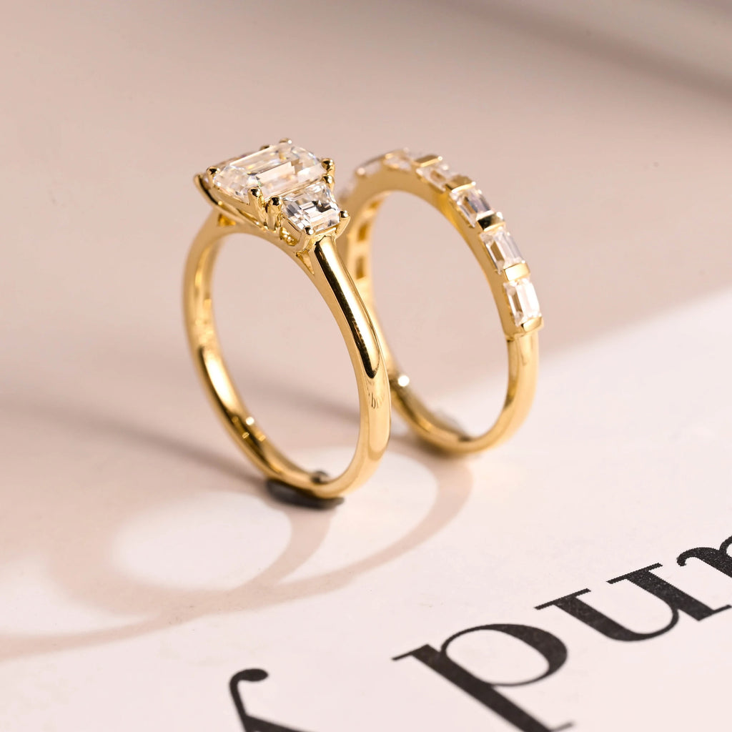 Solid Gold Emerald Cut Moissanite Engagement Ring and Wedding Band Set, Bridal Set