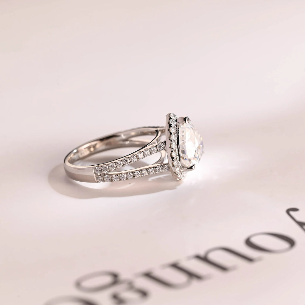 Solid Gold Split Shank Halo & Half Pave Heart Cut Moissanite Engagement Ring