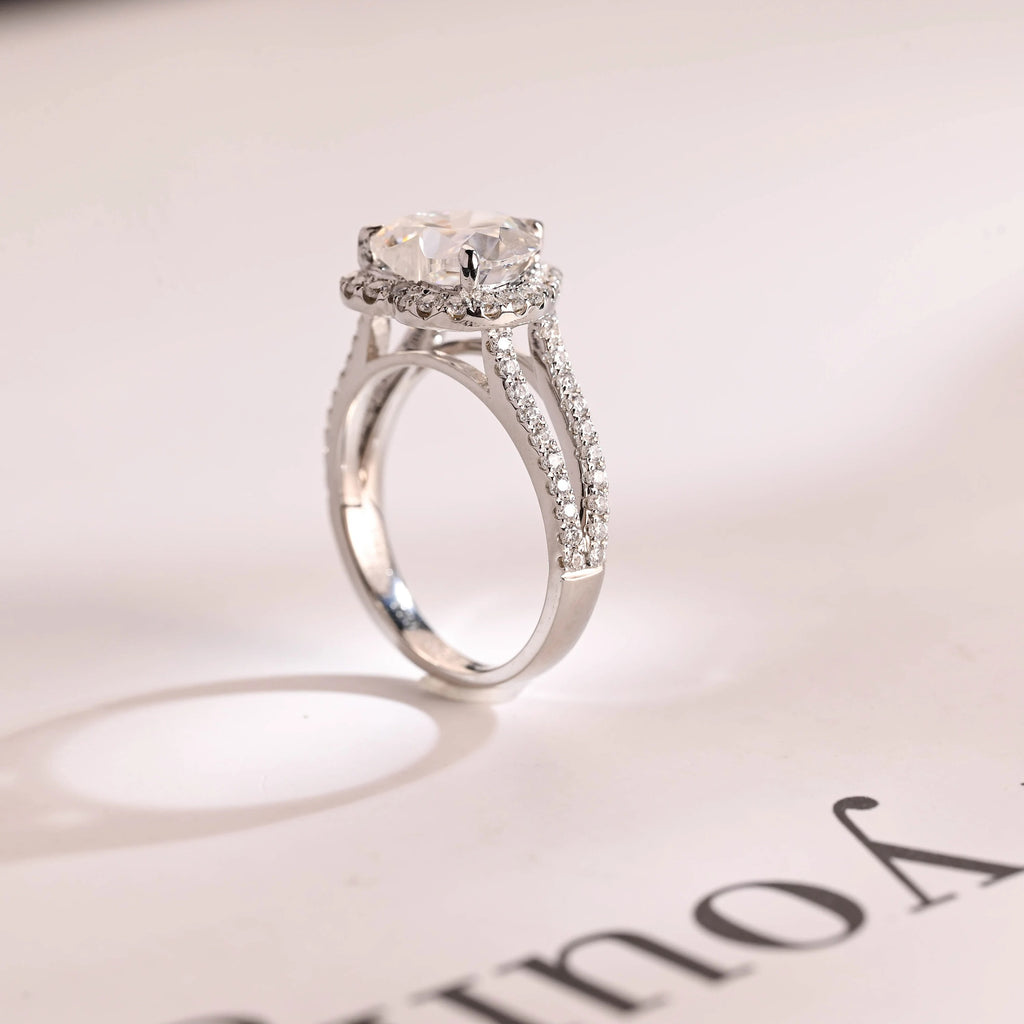 Solid Gold Split Shank Halo & Half Pave Heart Cut Moissanite Engagement Ring