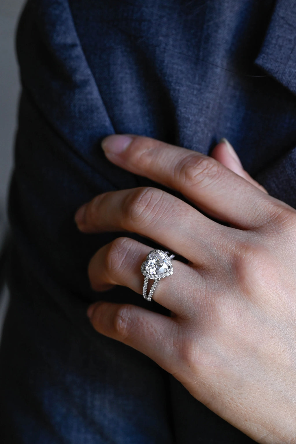 Solid Gold Split Shank Halo & Half Pave Heart Cut Moissanite Engagement Ring
