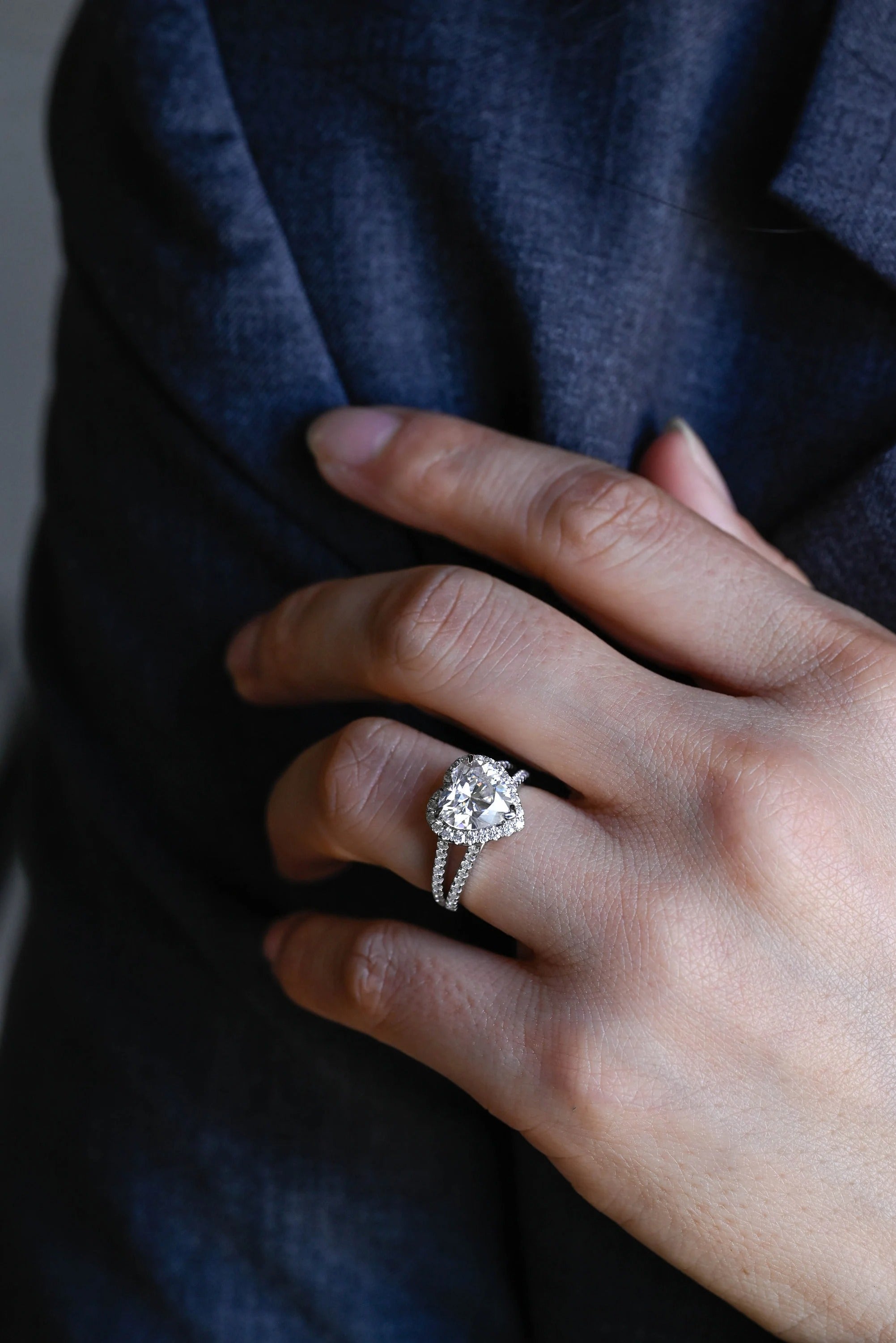 Solid Gold Split Shank Halo & Half Pave Heart Cut Moissanite Engagement Ring