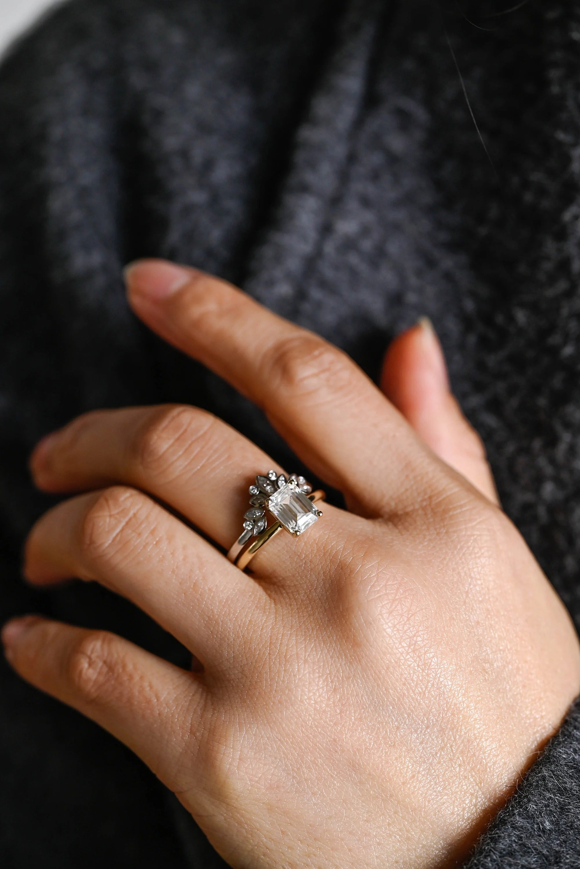 Emerald Cut Moissanite Wedding Band Set
