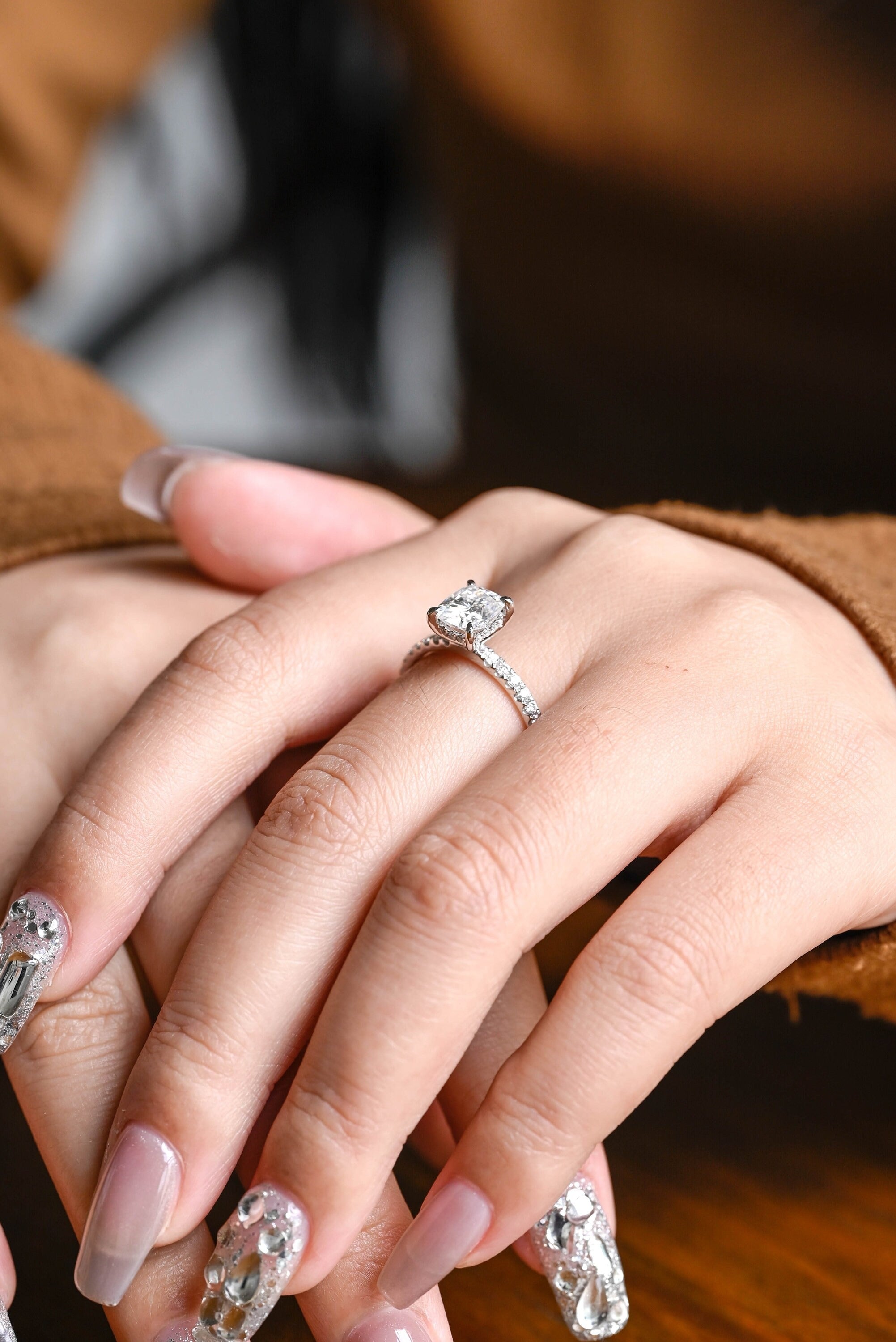 Solid Gold Elongated Cushion Moissanite Engagement Ring, Hidden Halo Bridal Ring