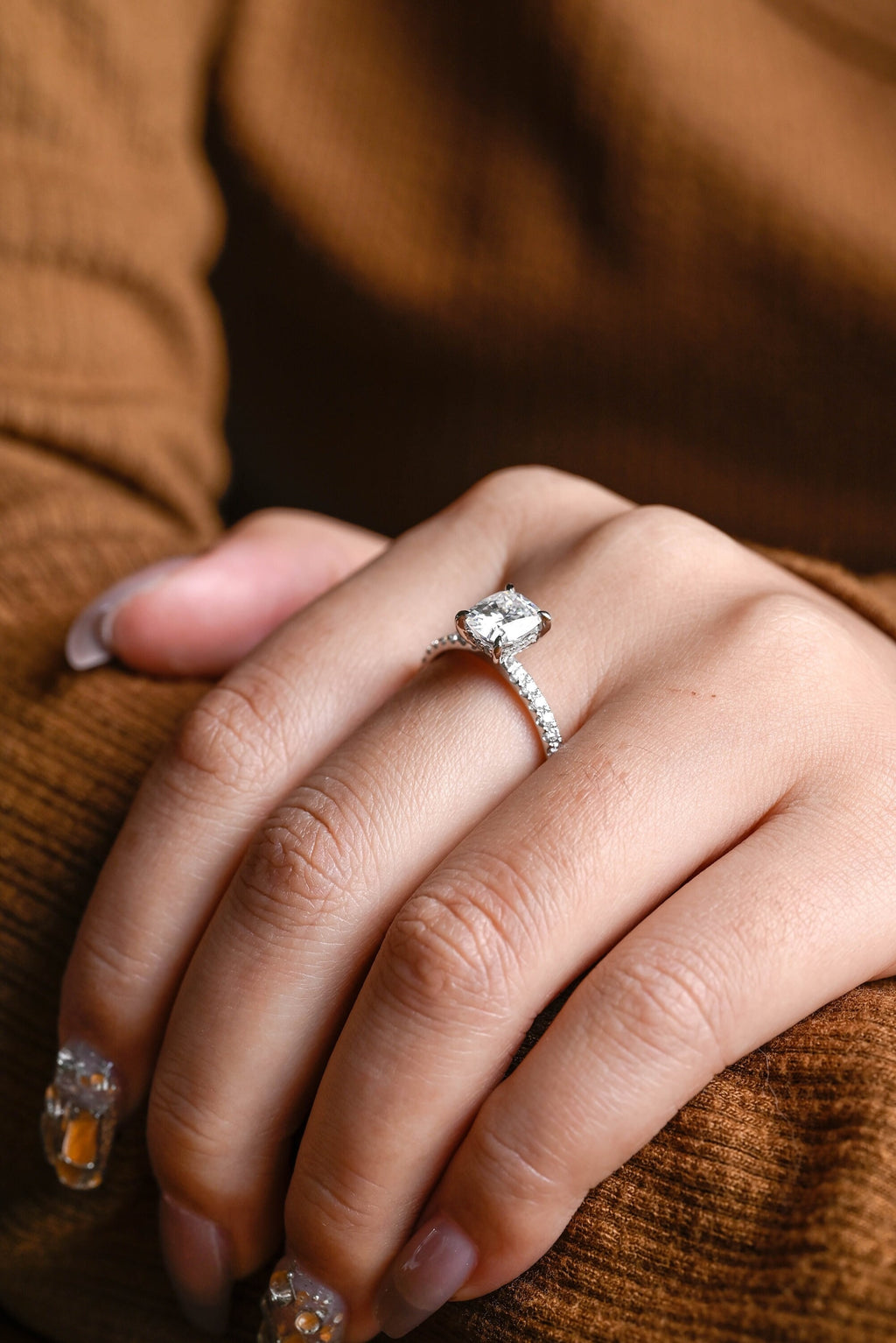 Solid Gold Elongated Cushion Moissanite Engagement Ring, Hidden Halo Bridal Ring