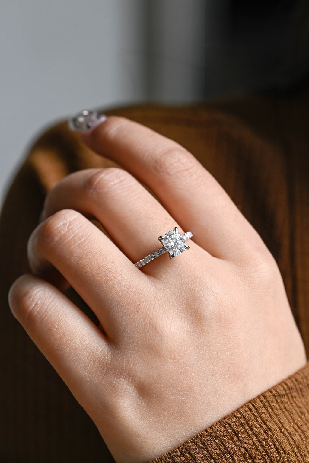 Solid Gold Elongated Cushion Moissanite Engagement Ring, Hidden Halo Bridal Ring