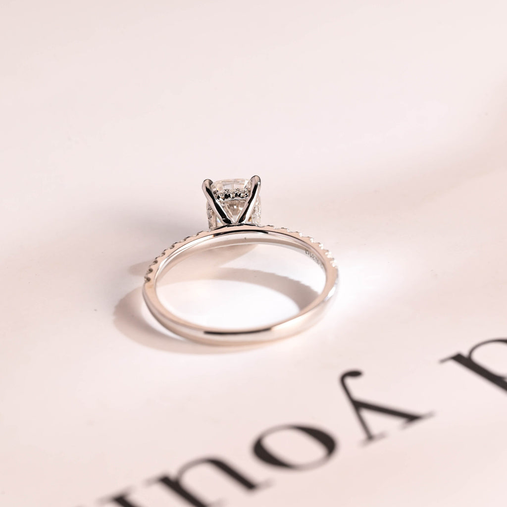 Solid Gold Elongated Cushion Moissanite Engagement Ring, Hidden Halo Bridal Ring