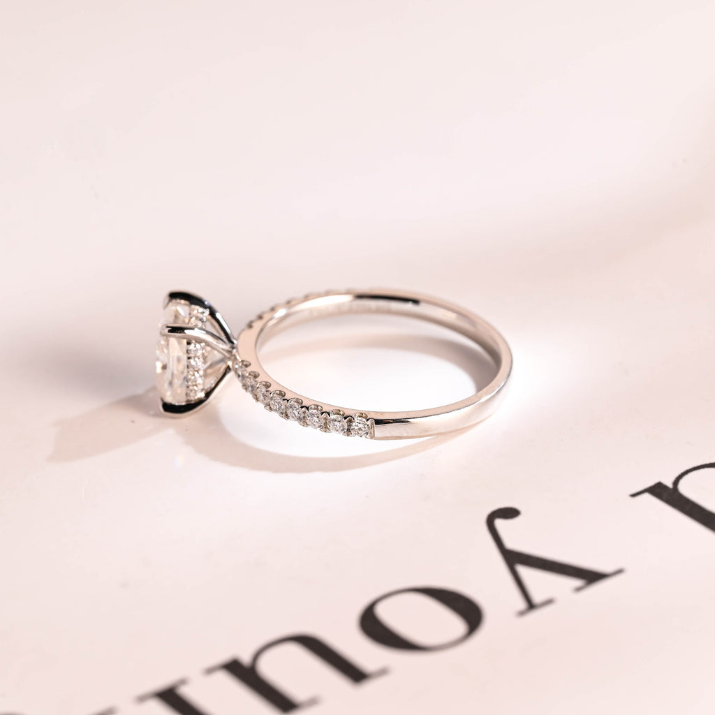 Solid Gold Elongated Cushion Moissanite Engagement Ring, Hidden Halo Bridal Ring