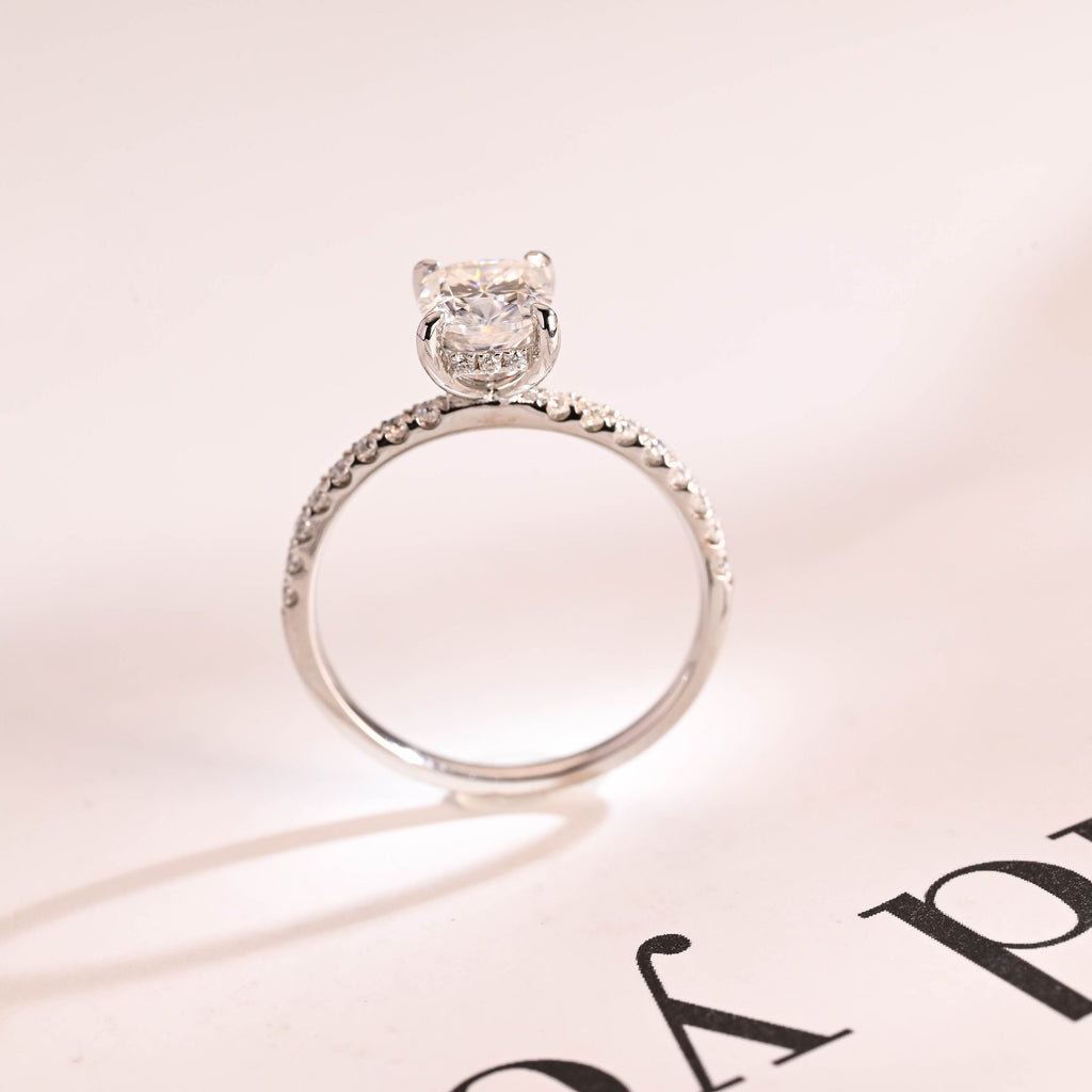 Solid Gold Elongated Cushion Moissanite Engagement Ring, Hidden Halo Bridal Ring
