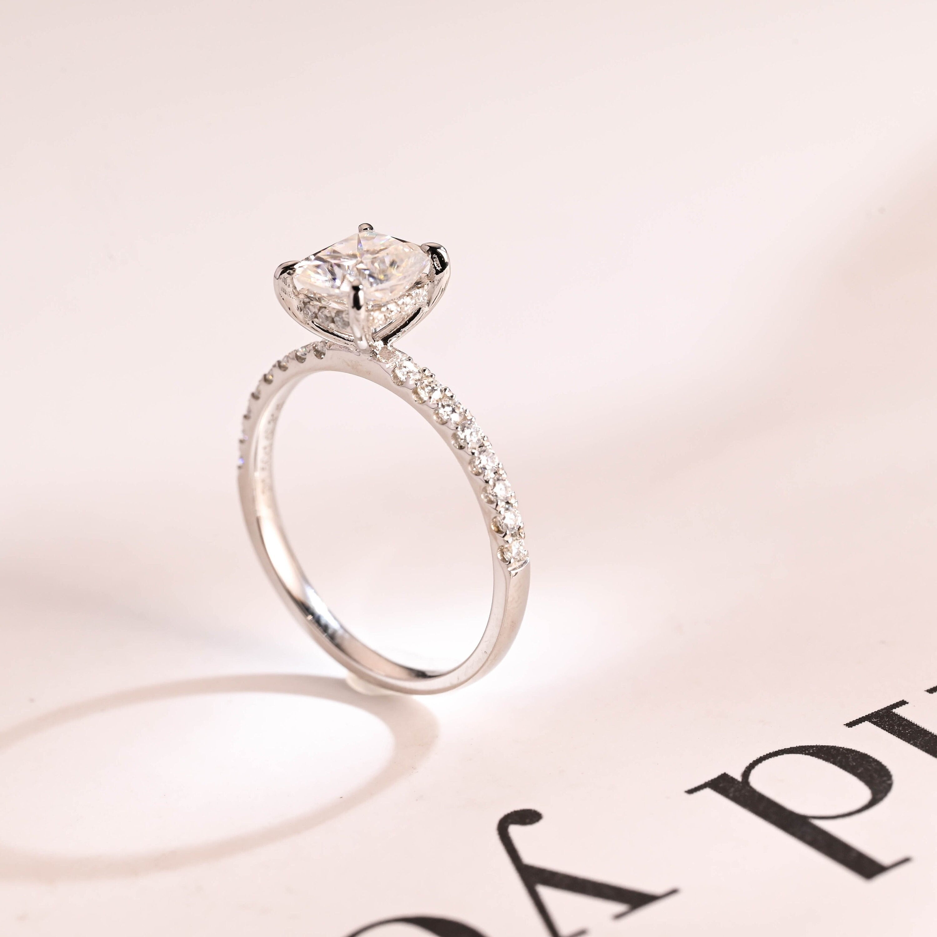 Solid Gold Elongated Cushion Moissanite Engagement Ring, Hidden Halo Bridal Ring