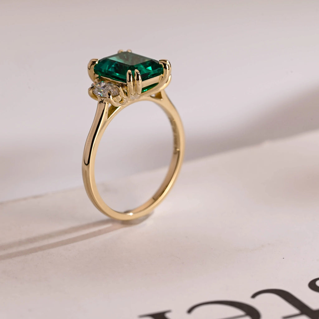 Lab Grown Emerald Engagement Ring, Solid Gold Three Stone Ring, Gift for Her