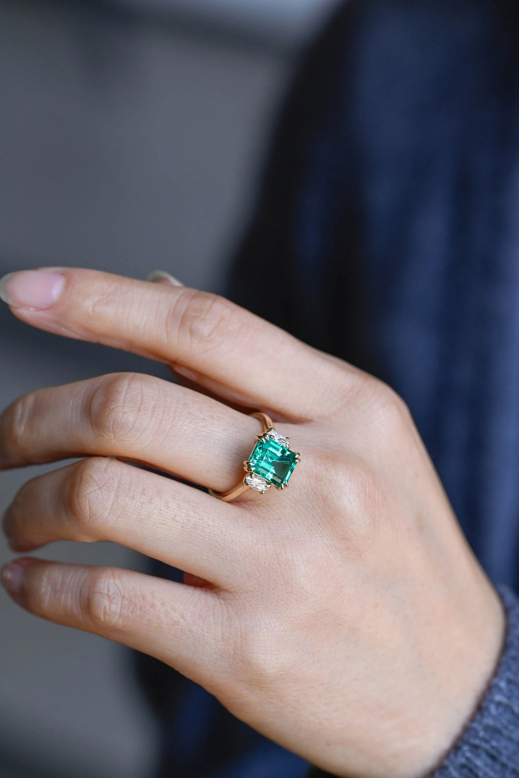 Lab Grown Emerald Engagement Ring, Solid Gold Three Stone Ring, Gift for Her