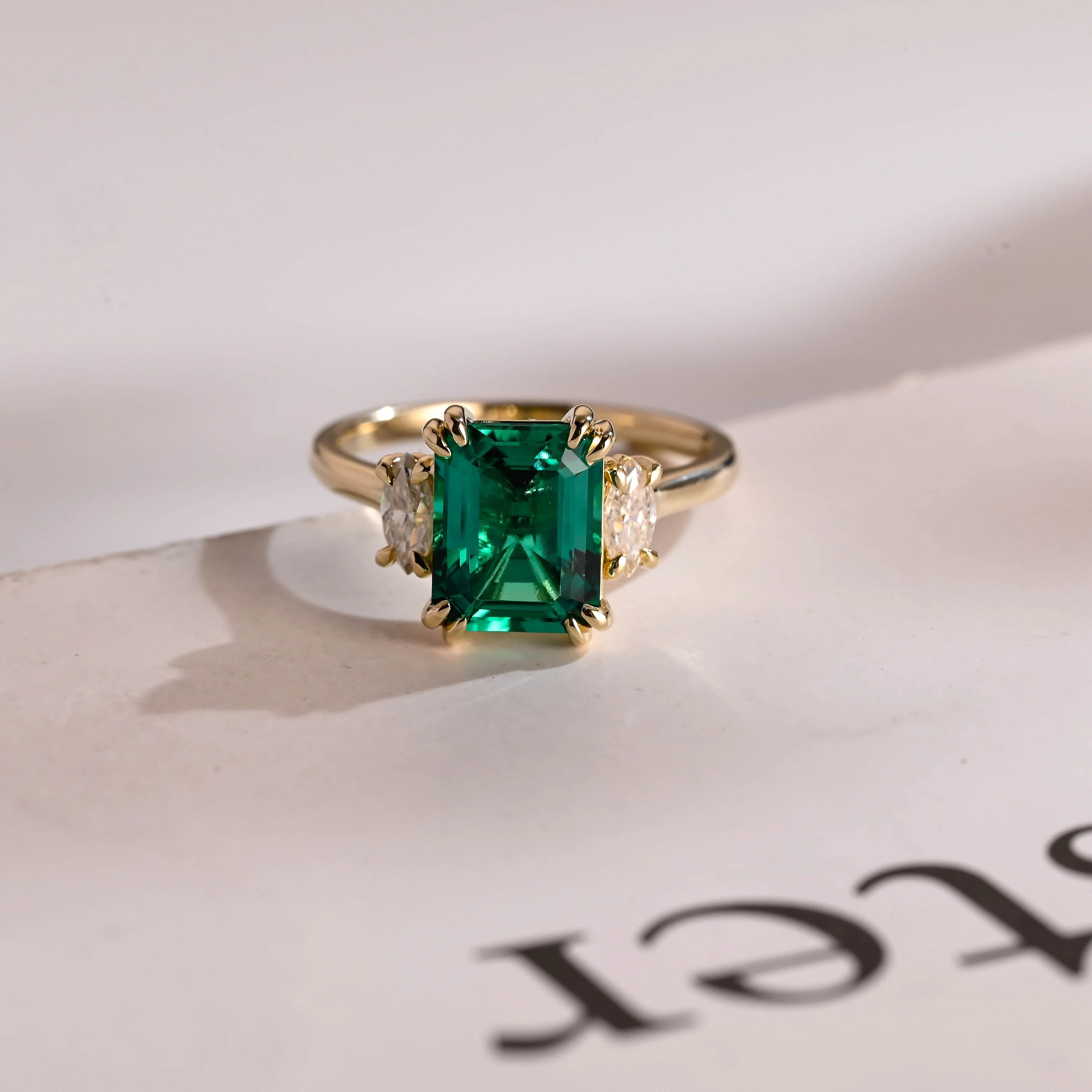 Lab Grown Emerald Engagement Ring, Solid Gold Three Stone Ring, Gift for Her Main image