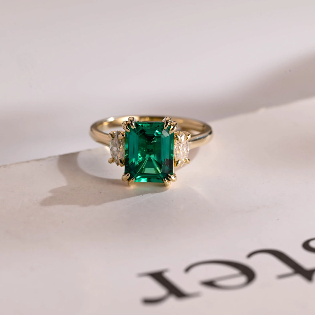 Lab Grown Emerald Engagement Ring, Solid Gold Three Stone Ring, Gift for Her