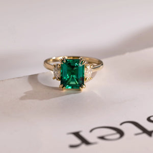 Lab Grown Emerald Engagement Ring, Solid Gold Three Stone Ring, Gift for Her