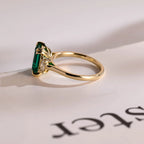 Lab Grown Emerald Engagement Ring, Solid Gold Three Stone Ring, Gift for Her
