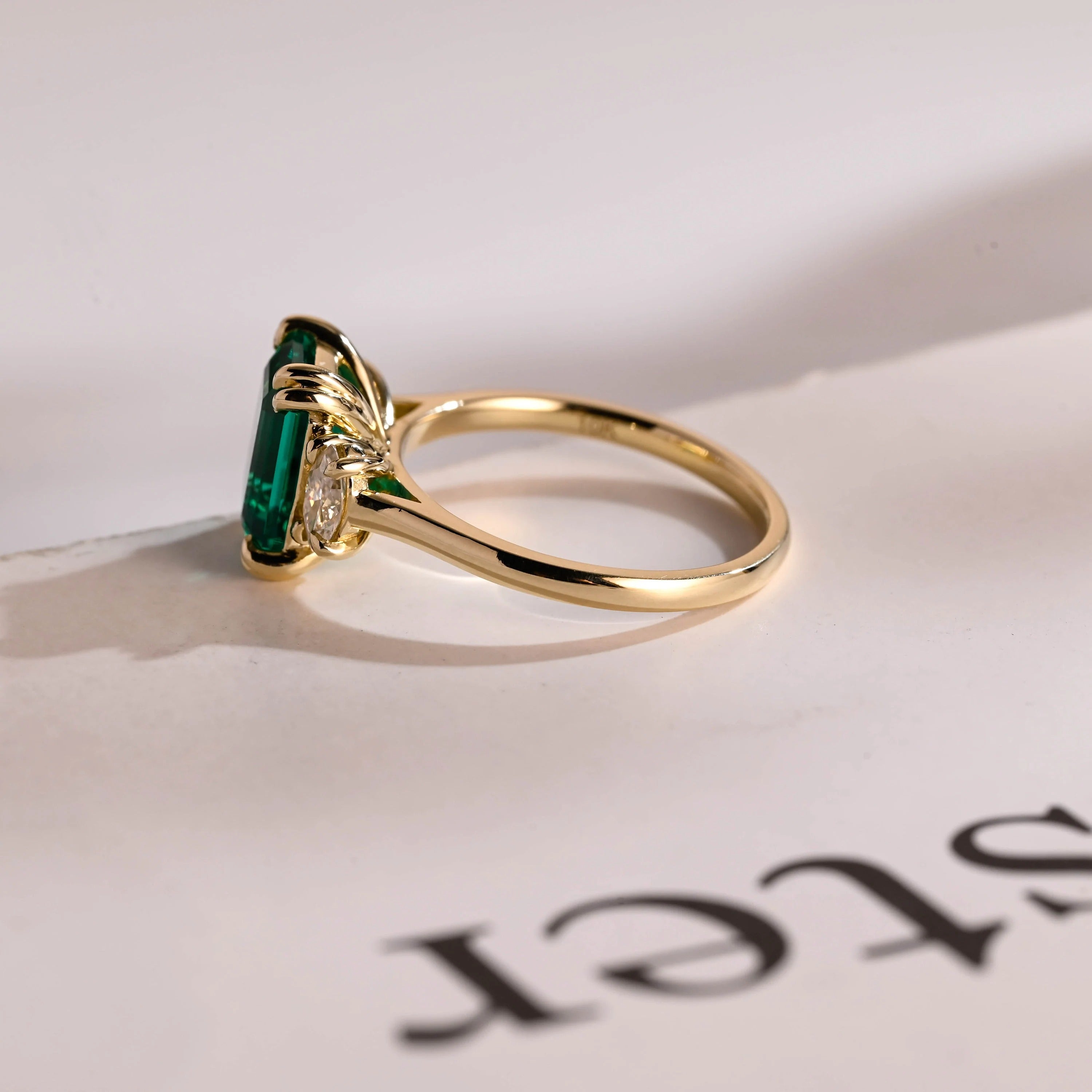 Lab Grown Emerald Engagement Ring, Solid Gold Three Stone Ring, Gift for Her