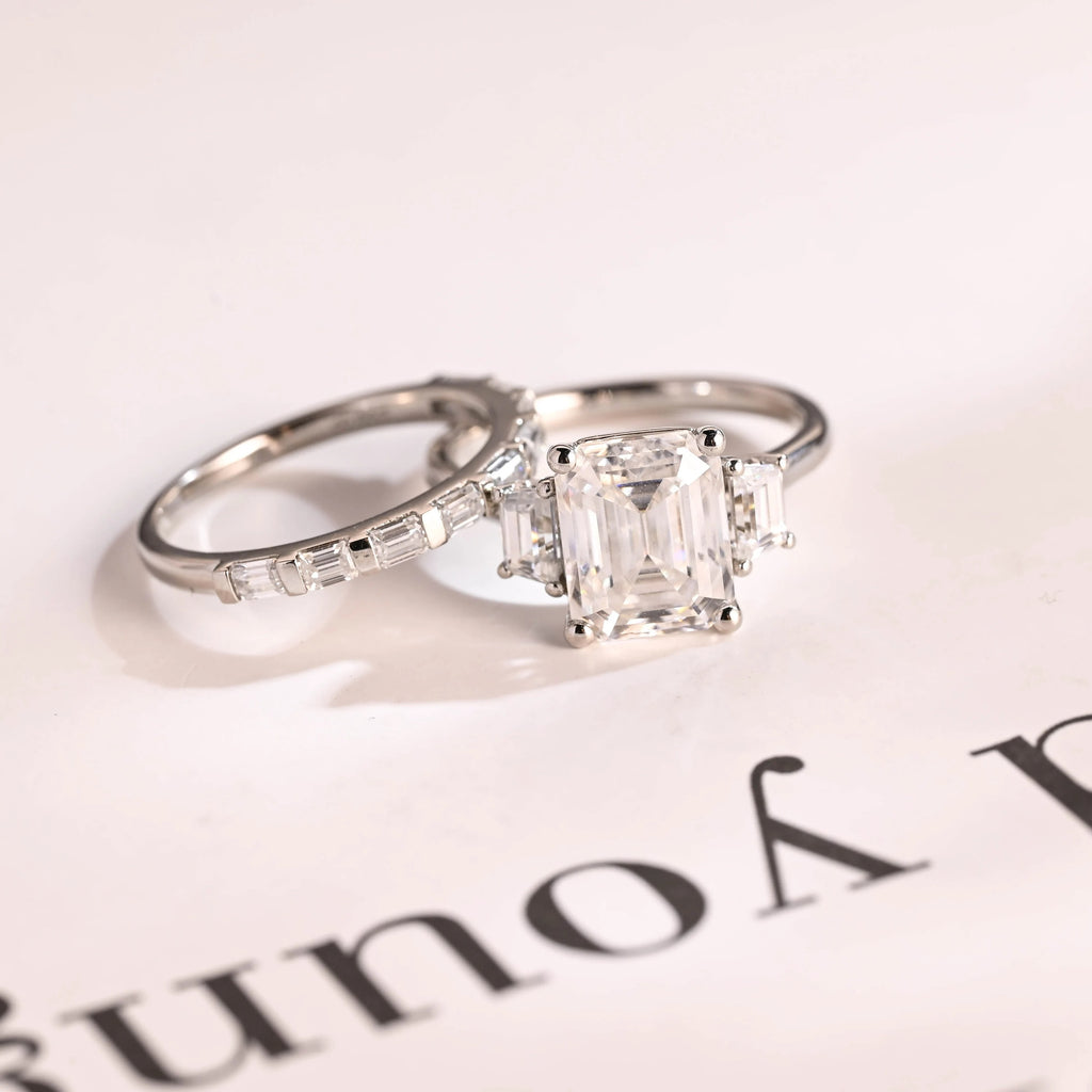 Solid Gold Emerald Cut Moissanite Engagement Ring and Wedding Band Set, Bridal Set