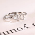 Solid Gold Emerald Cut Moissanite Engagement Ring and Wedding Band Set, Bridal Set