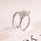 Solid Gold Emerald Cut Moissanite Engagement Ring and Wedding Band Set, Bridal Set