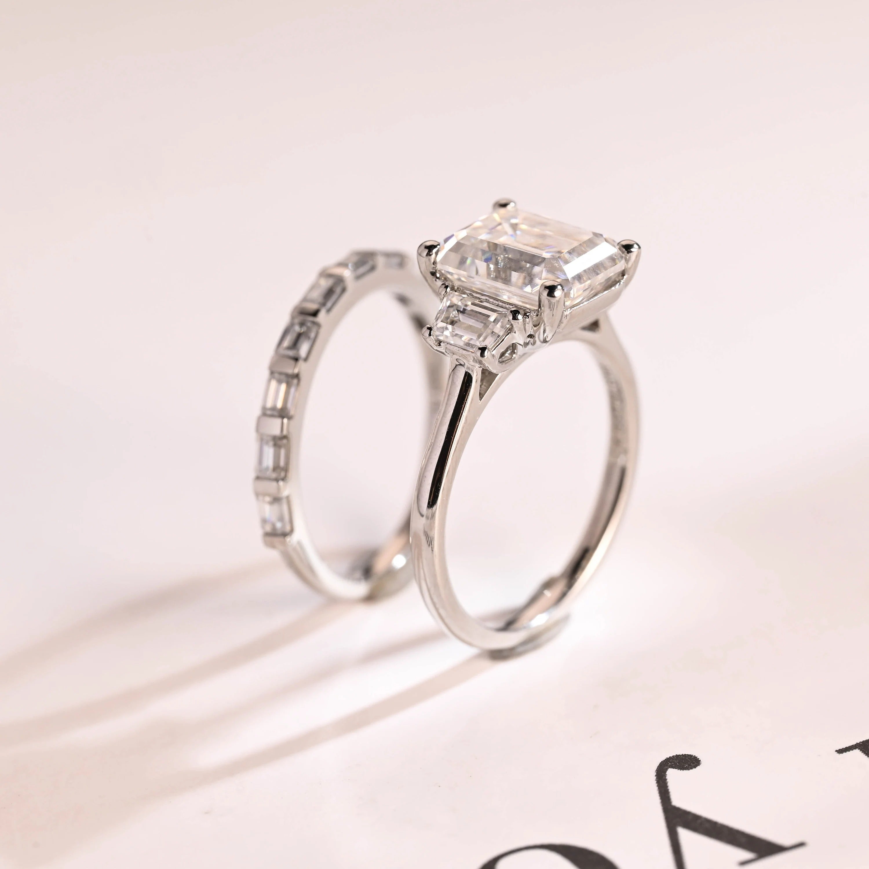 Solid Gold Emerald Cut Moissanite Engagement Ring and Wedding Band Set, Bridal Set