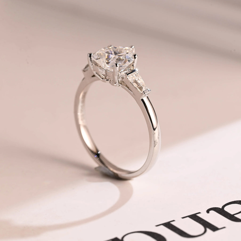 Solid Gold Heart Moissanite Engagement Ring with Trapezoid Accent