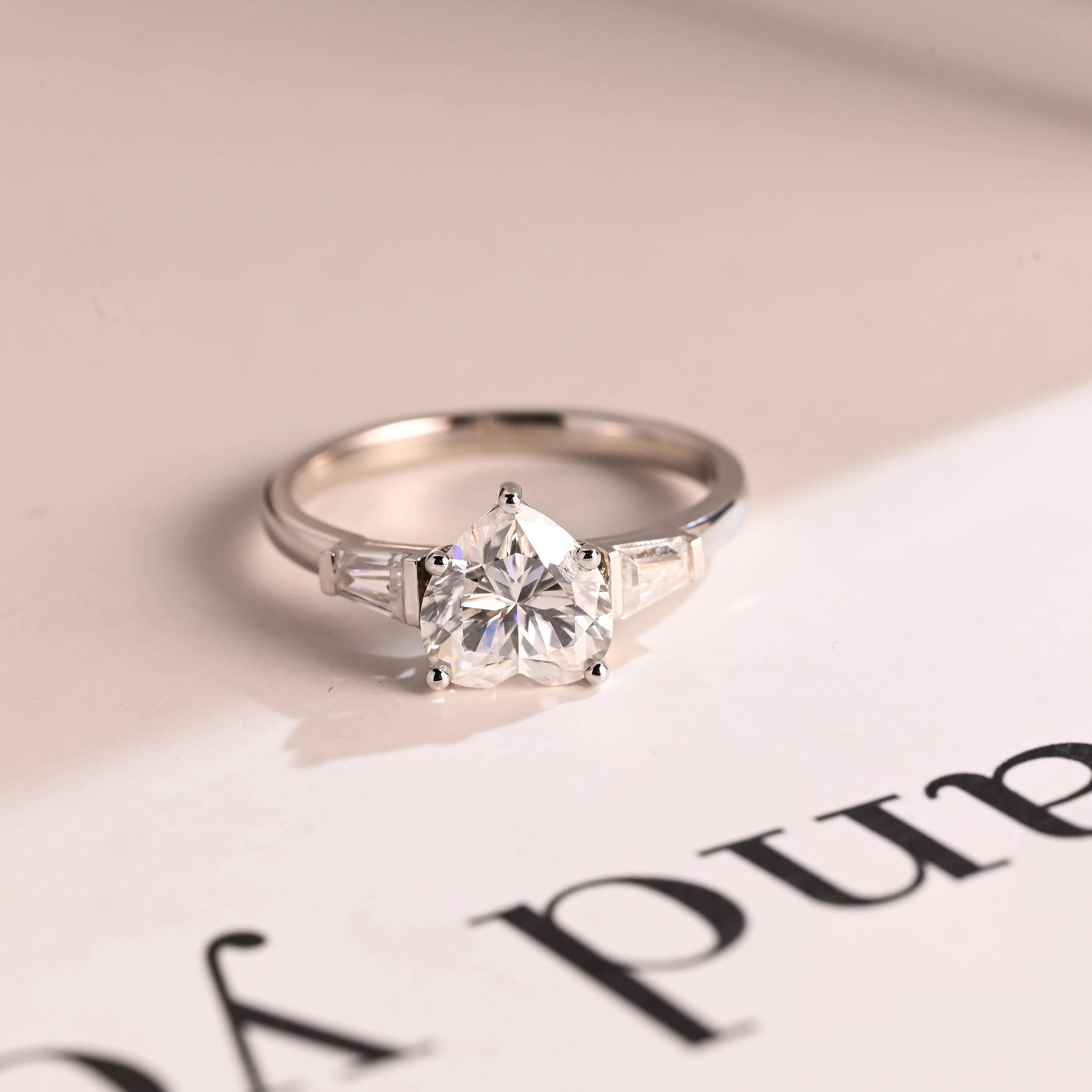 Solid Gold Heart Moissanite Engagement Ring with Trapezoid Accent Main image