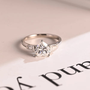 Solid Gold Heart Moissanite Engagement Ring with Trapezoid Accent