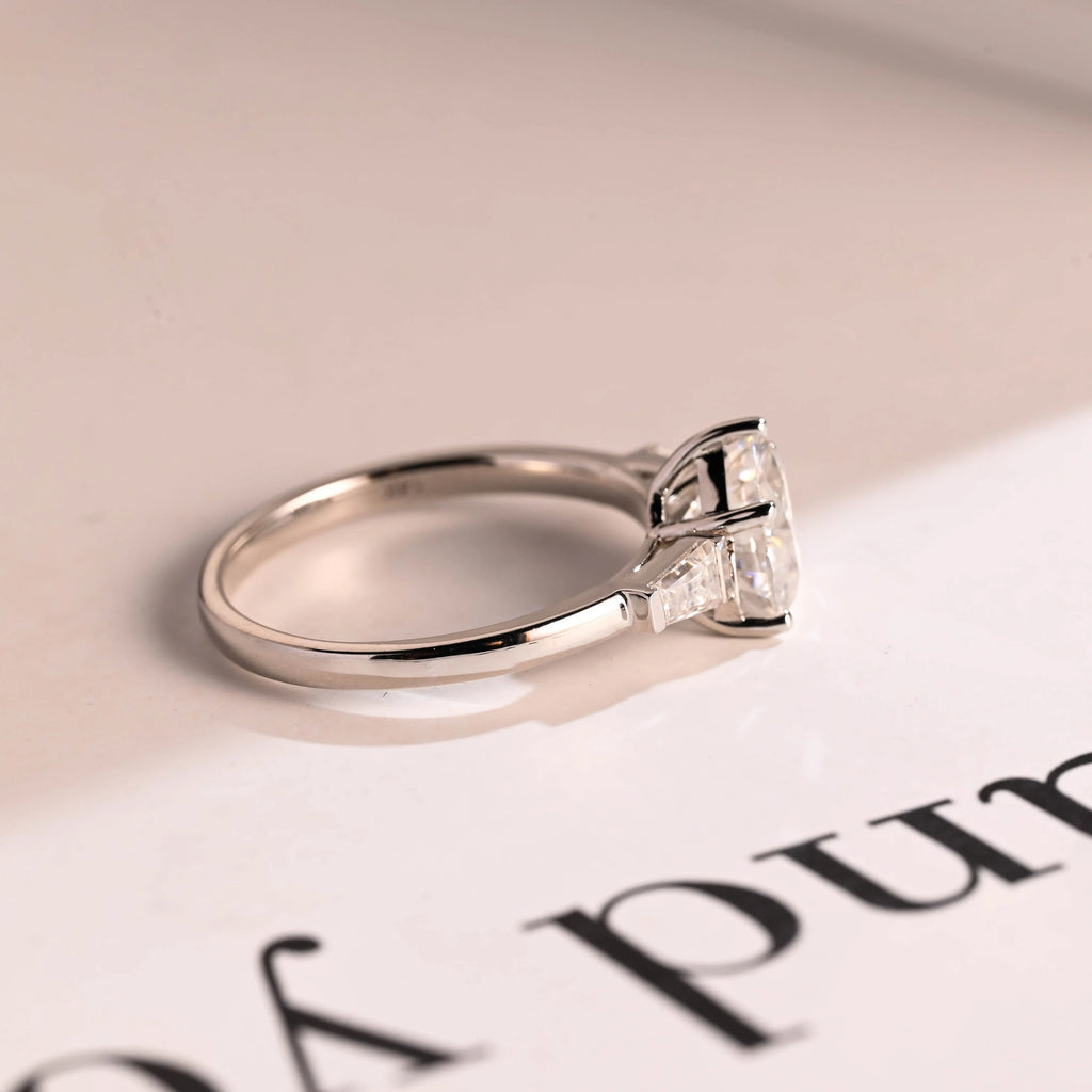 Solid Gold Heart Moissanite Engagement Ring with Trapezoid Accent