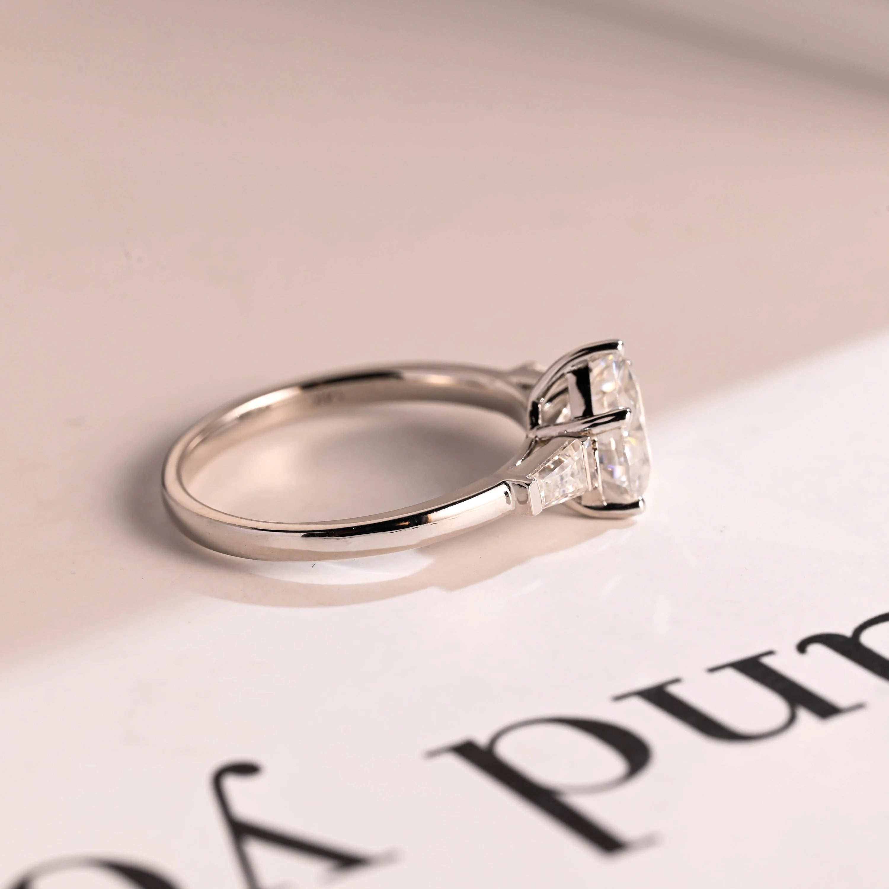 Solid Gold Heart Moissanite Engagement Ring with Trapezoid Accent