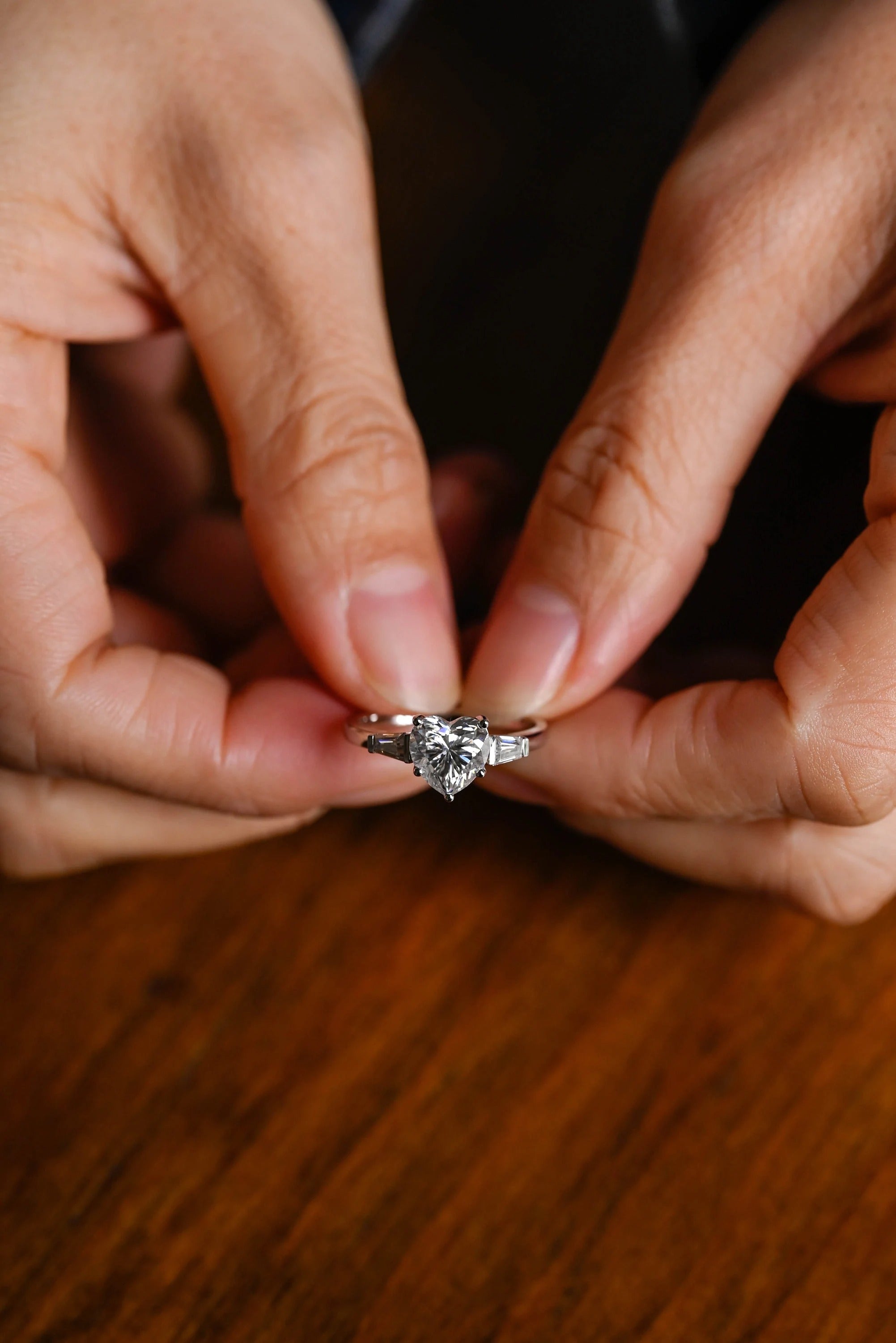 Solid Gold Heart Moissanite Engagement Ring with Trapezoid Accent