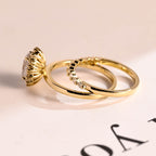 Solid Gold Floral Halo Oval Moissanite Wedding Band Set, Bridal Sets