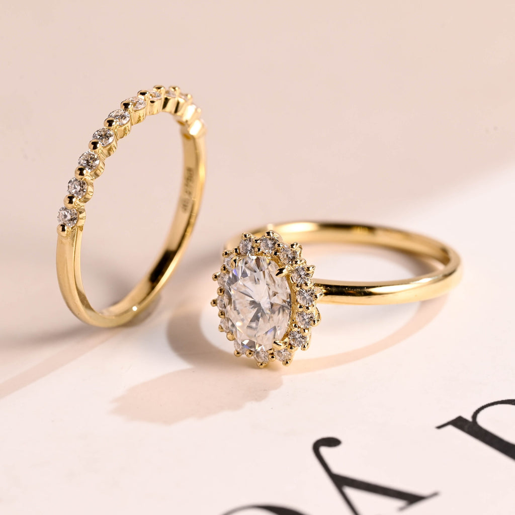 Solid Gold Floral Halo Oval Moissanite Wedding Band Set, Bridal Sets