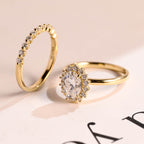 Solid Gold Floral Halo Oval Moissanite Wedding Band Set, Bridal Sets