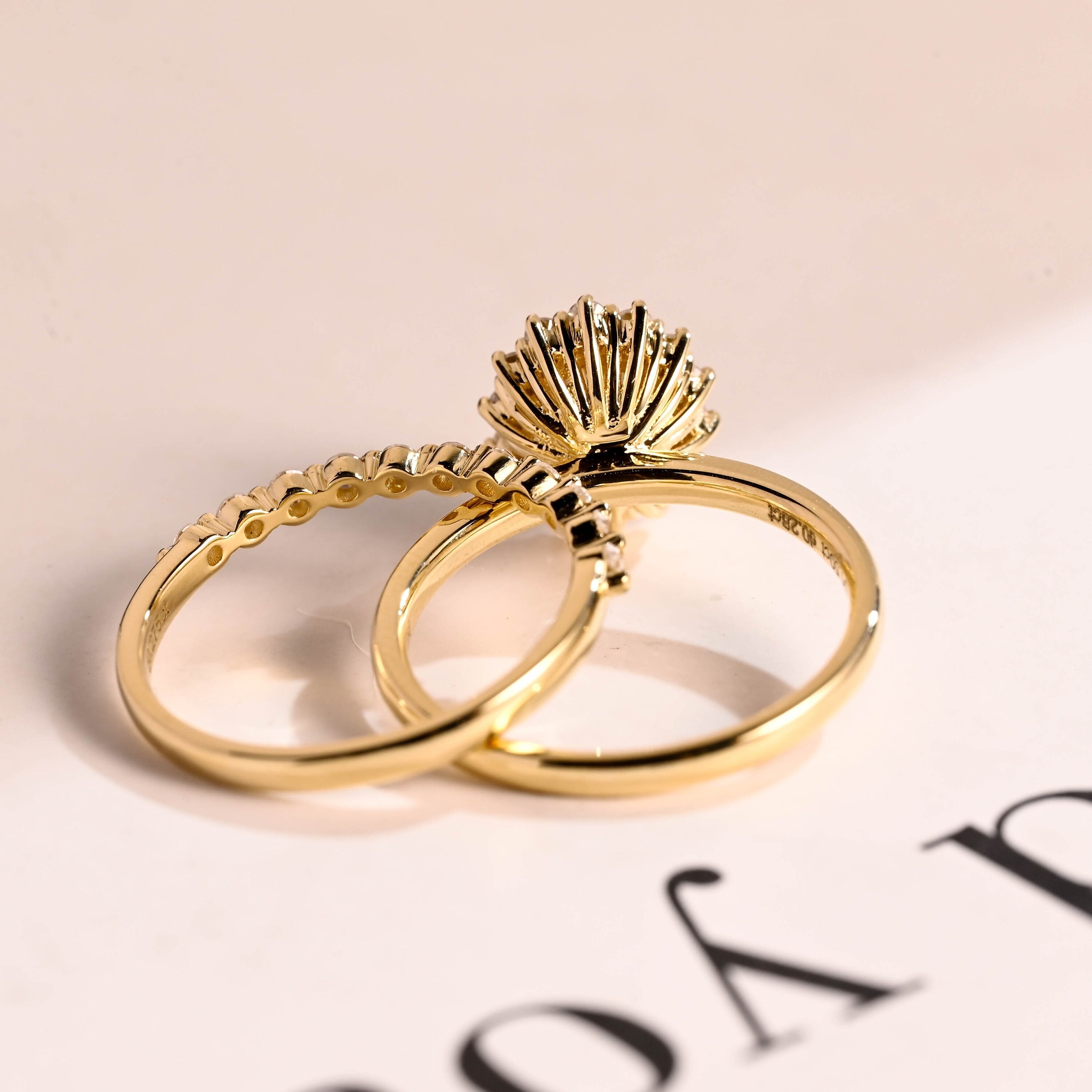 Solid Gold Floral Halo Oval Moissanite Wedding Band Set, Bridal Sets