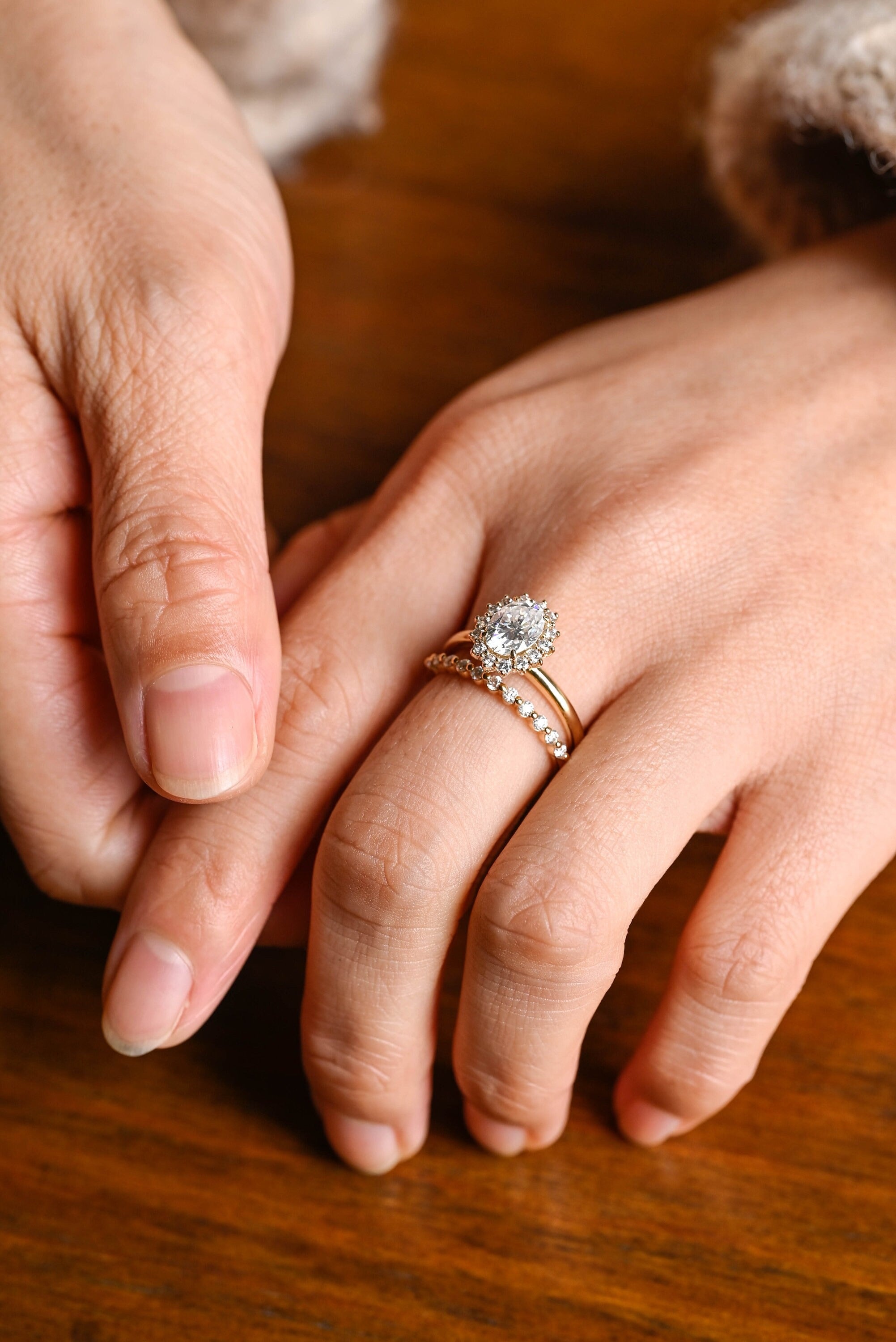 Solid Gold Floral Halo Oval Moissanite Wedding Band Set, Bridal Sets