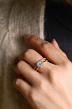 Solid Gold Floral Halo Oval Moissanite Wedding Band Set, Bridal Sets