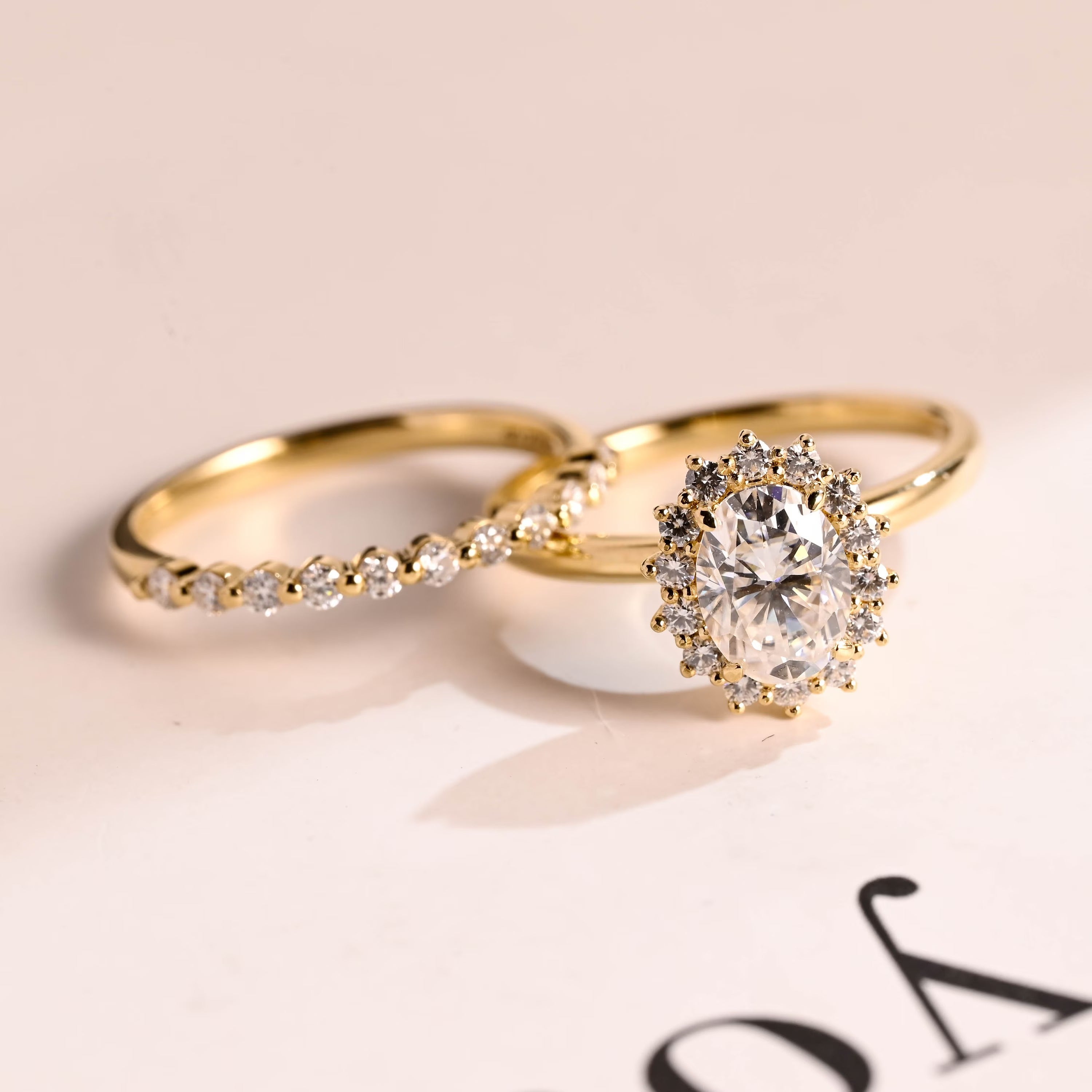 Solid Gold Floral Halo Oval Moissanite Wedding Band Set, Bridal Sets Main image