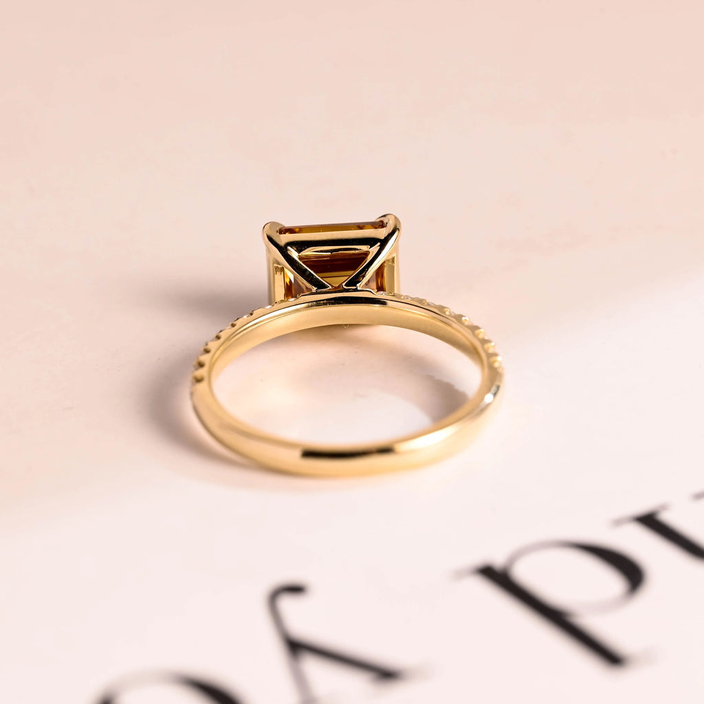 Solid Gold East to West Brown Emerald Cut Moissanite Engagement Ring, Promise Ring for Her