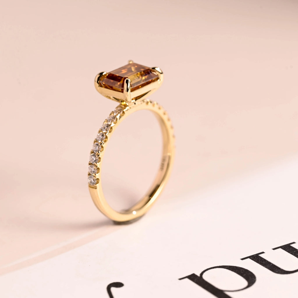 Solid Gold East to West Brown Emerald Cut Moissanite Engagement Ring, Promise Ring for Her