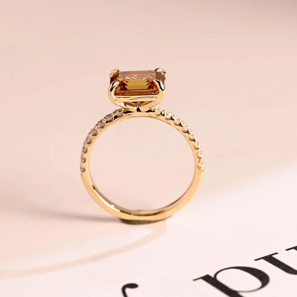 Solid Gold East to West Brown Emerald Cut Moissanite Engagement Ring, Promise Ring for Her