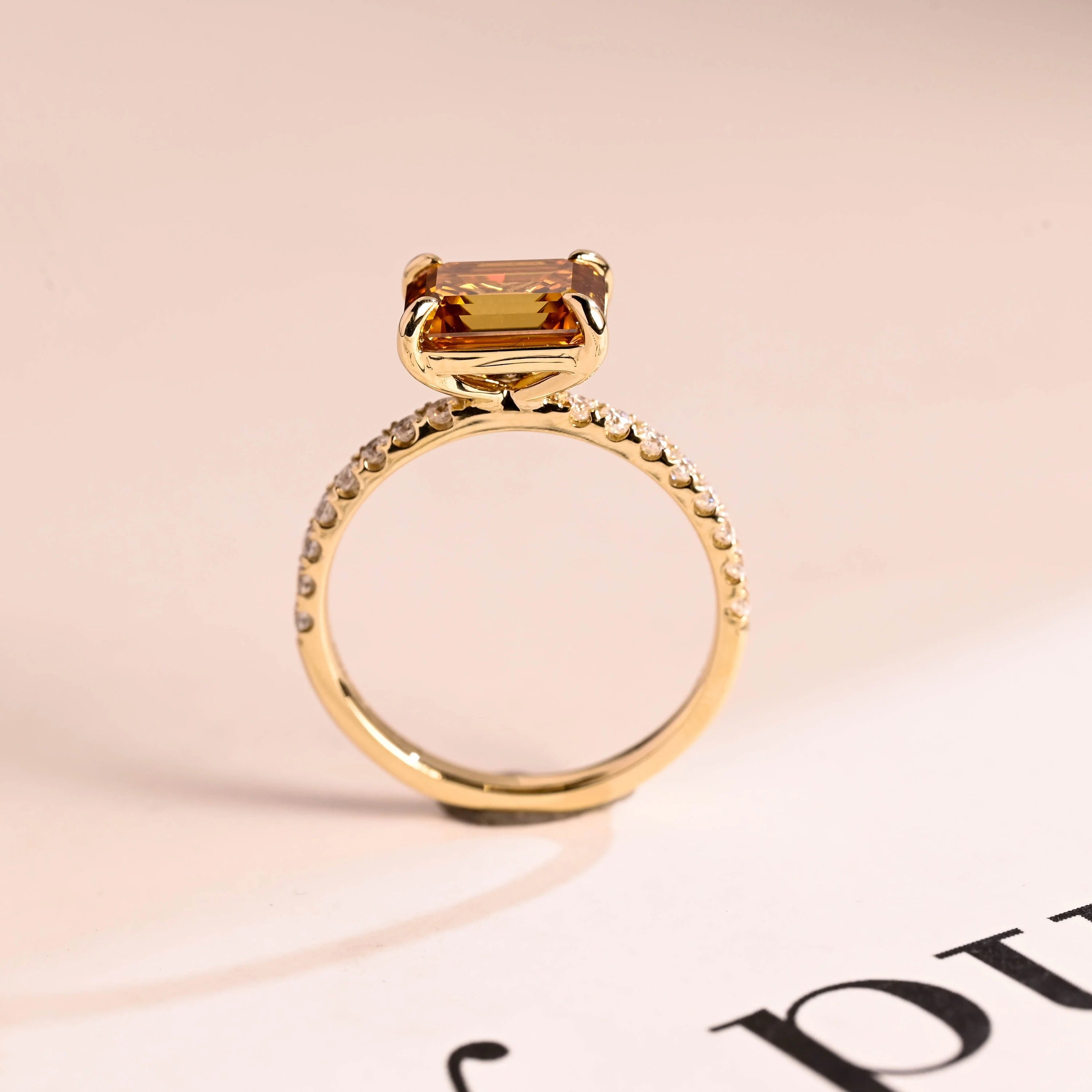 Solid Gold East to West Brown Emerald Cut Moissanite Engagement Ring, Promise Ring for Her