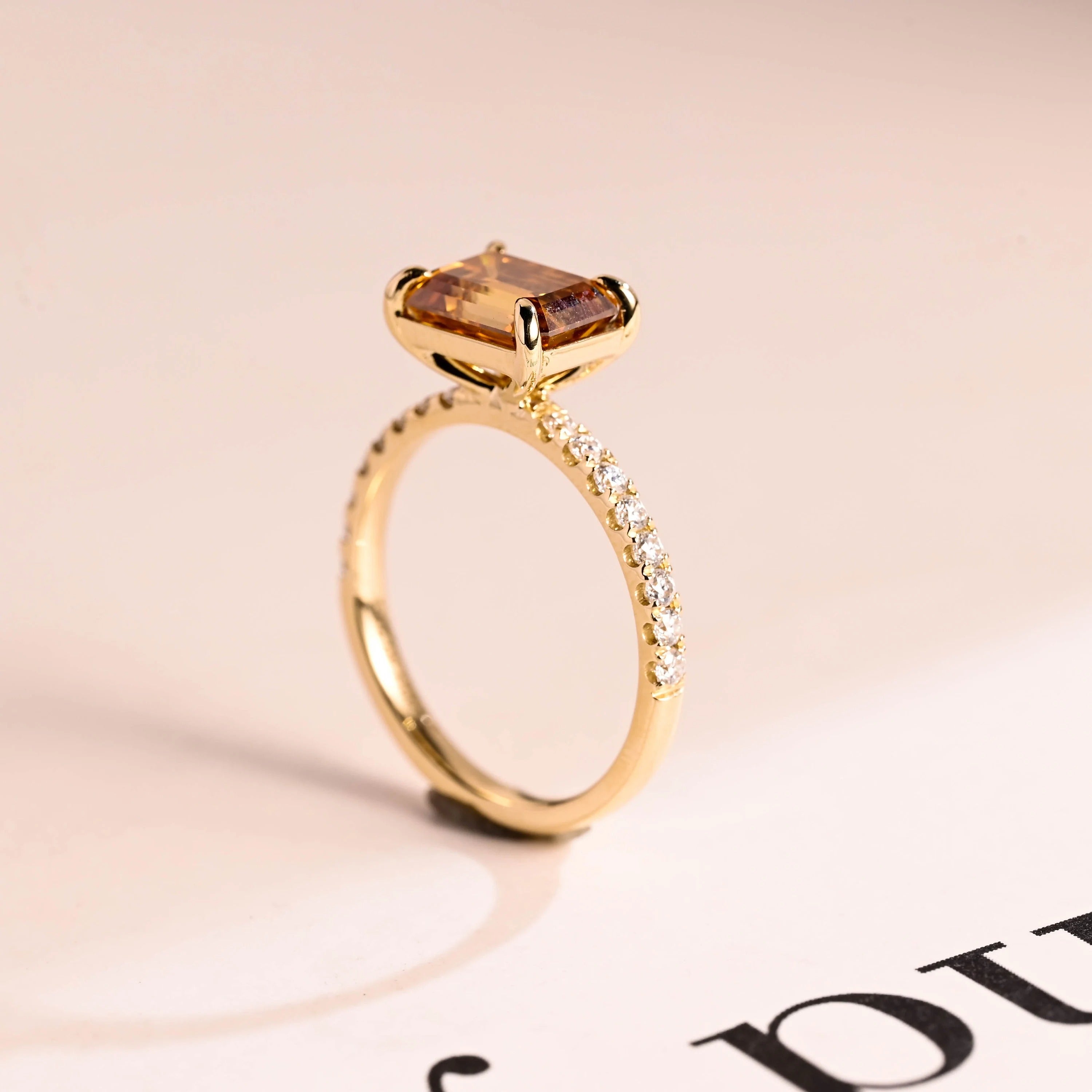 Solid Gold East to West Brown Emerald Cut Moissanite Engagement Ring, Promise Ring for Her