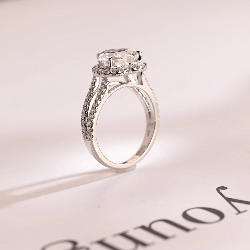 Solid Gold Split Shank Halo & Half Pave Heart Cut Moissanite Engagement Ring