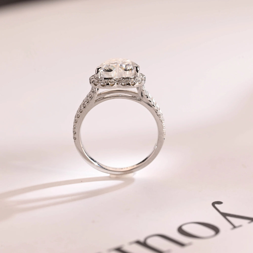 Solid Gold Split Shank Halo & Half Pave Heart Cut Moissanite Engagement Ring